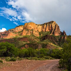 Majestic Zion National Park Mountain Range Bathed in Golden Hour Sunlight.