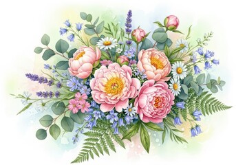 Beautiful Watercolor Flower Arrangement With Peonies And Daisies