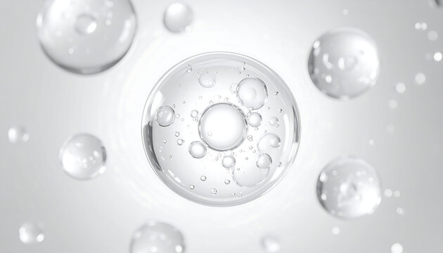 Captivating macro view of clear liquid bubbles and spheres evoking science and skincare innovation