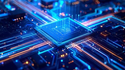 Futuristic circuit board with glowing pathways, symbolizing advanced technology and connectivity, - Powered by Adobe