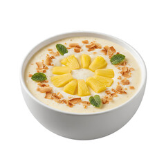 Delightful creamy dessert crowned with vibrant pineapple slices and toasted coconut flakes