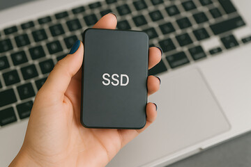 Hand hold portable SSD drive, solid state storage device close up, external memory backup unit, modern data technology accessory, black case design with laptop background, digital equipment computer h