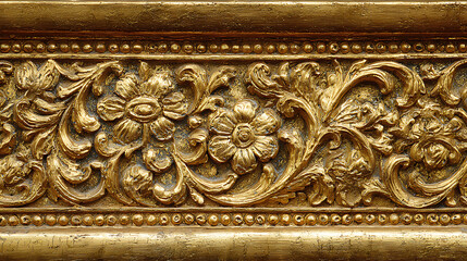 Antique golden floral carving border with detailed leaves and flowers, on white background.