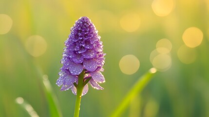 A macro shot of a purple orchid drenched in morning dew with blurred greenery in the background