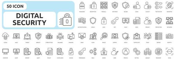 Digital Security icon set outline style with password, encryption, firewall, antivirus, secure, login, logout, two factor, biometric, identity, authentication icons