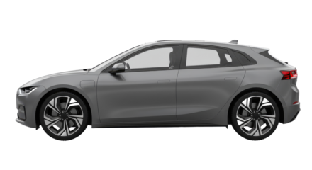 Modern gray hatchback passenger car side profile view.