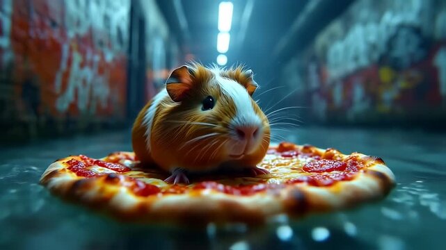 A guinea pig sits on a pizza in a dark tunnel