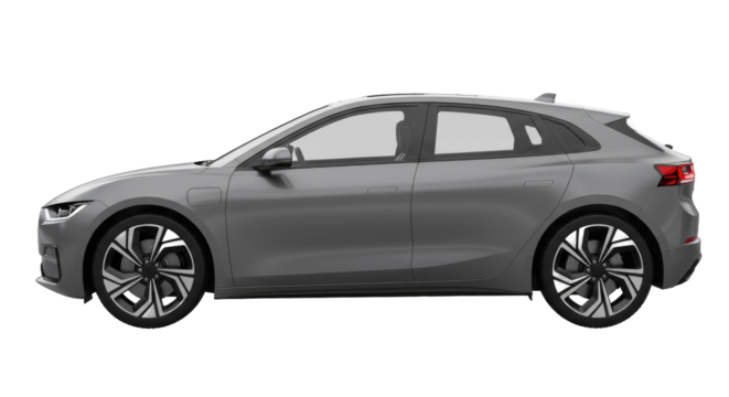 Modern gray hatchback passenger car side profile view.