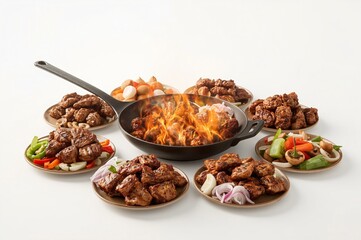 Obraz premium Sizzling Meatballs, Veggie Sides, Studio Shot