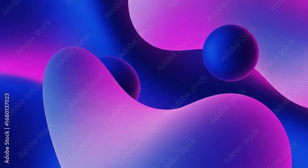 Poster abstract background with flowing shapes and spheres creating a dynamic composition