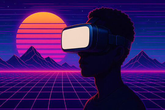 Virtual reality headset mock up, futuristic digital landscape with neon retro grid, glowing sunset horizon, immersive VR experience concept, modern technology template, augmented simulation creative b