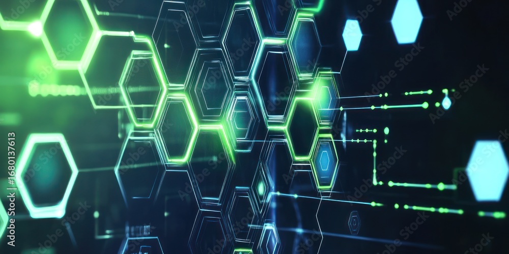 Poster abstract technology background with glowing green and blue hexagons and connecting lines