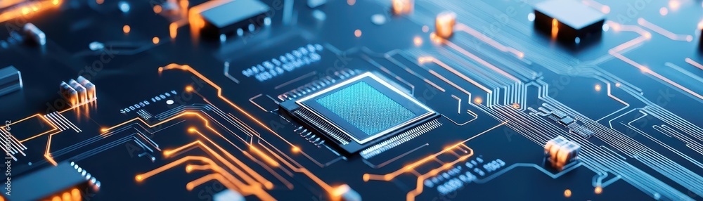 Poster close-up of a detailed digital circuit board with electronic components and glowing microchips for t