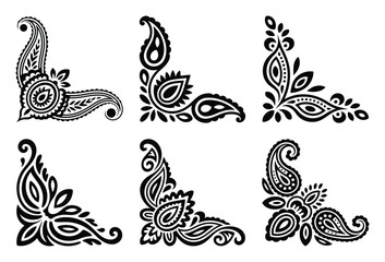 Collection of six decorative paisley corner flourishes isolated on white background