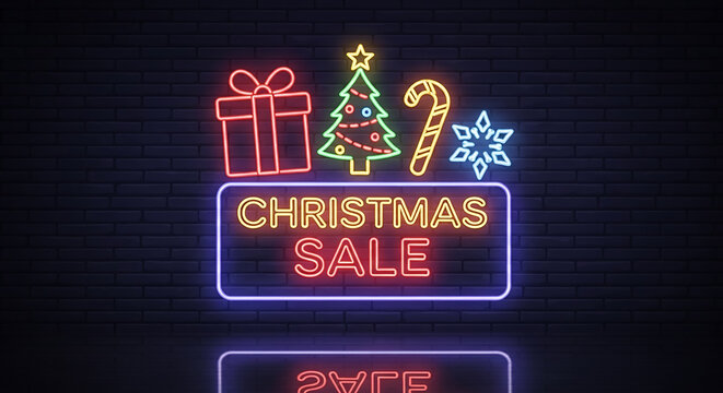 Christmas sale neon sign with gift, christmas tree, candy cane and snowflake - Powered by Adobe