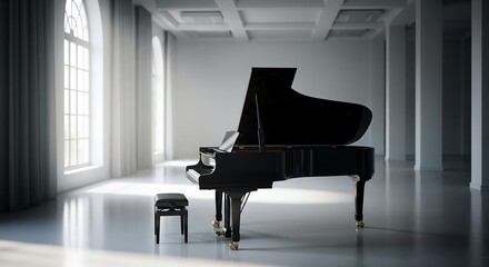 A grand black piano and stool in a spacious, bright, minimalist room with tall windows and a polished floor, bathed in natural light.