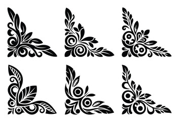 Six ornate floral corner decorations isolated on white background