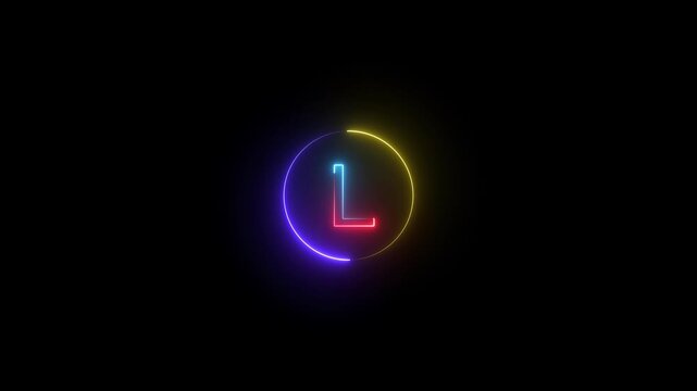 Alphabet capital letter L text. Futuristic neon glowing symbol on black background. Educational concept. 4k video.