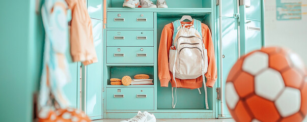 Pastel Teal Locker with Orange Sweater and Soccer Ball