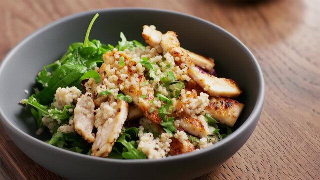 Grilled chicken salad with bulgur in a grey bowl on a wooden table