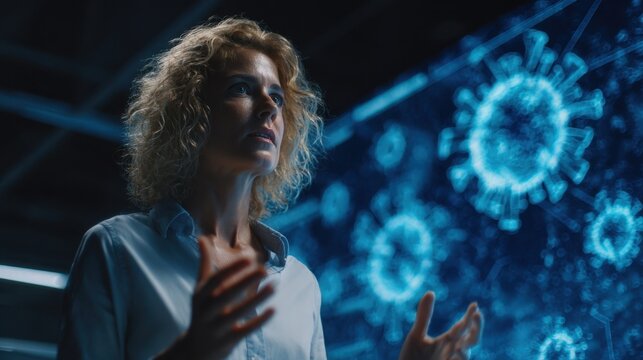 Medium shot of a cybersecurity expert giving a presentation with a holographic display of a virus detection system highlighting cybersecurity awareness and training.