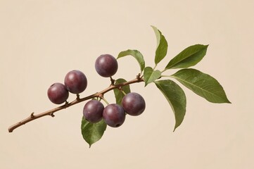 Ripe plums branch, studio shot, beige background, food