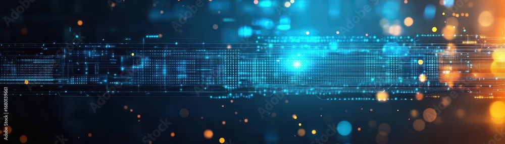 Aufkleber futuristic digital data stream background with glowing blue and orange particles representing techno