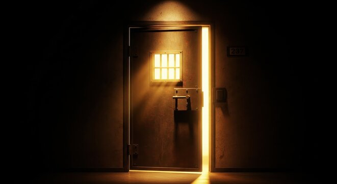 An open prison door with bright light streaming out, symbolizing hope and freedom