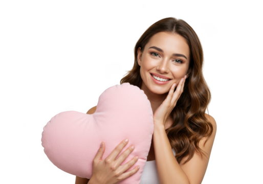 Young woman holding a pink heart pillow isolated on transparent background