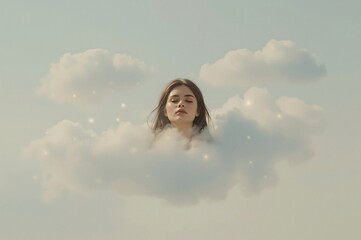 Serene woman in clouds, dreamy sky, ethereal beauty, ad campaign