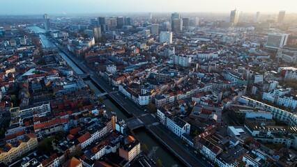 Aerial panorama view of the capital city Brussels on a sunny morning day in spring in Belgium