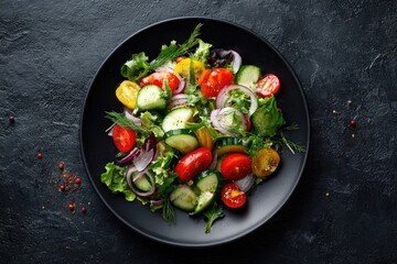 Fresh salad with tomatoes, cucumbers, red onions, and lettuce