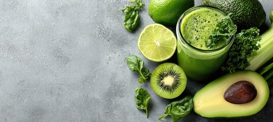 Refreshing green smoothie with avocado, kiwi, lime, spinach, and celery