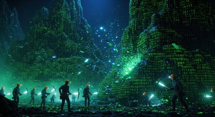 Conceptual image of miners mining mountains of binary code for data