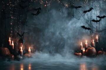 Obraz premium Spooky Halloween scene with pumpkins, candles, bats, and fog