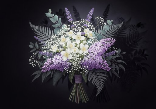 Elegant bouquet of purple lilac and white flowers with ferns - Powered by Adobe