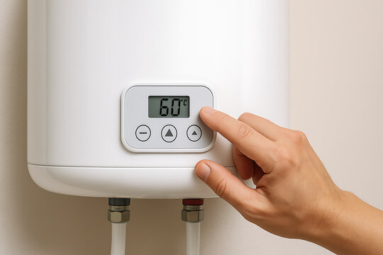 Hand pressing button on water heater control panel digital display set temperature sixty degrees, household boiler system energy saving hot water appliance, modern home technology heating equipment