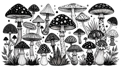 Monochrome illustration of various mushroom species, intricately detailed with linework, set against a white background