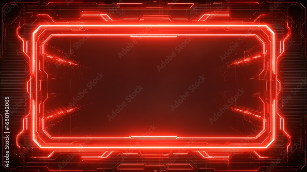 Poster a glowing, red digital frame with intricate circuit board detailing creates a futuristic display.