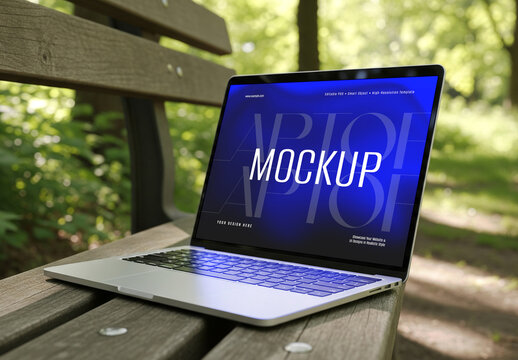 Laptop Screen Mockup on Wooden Bench