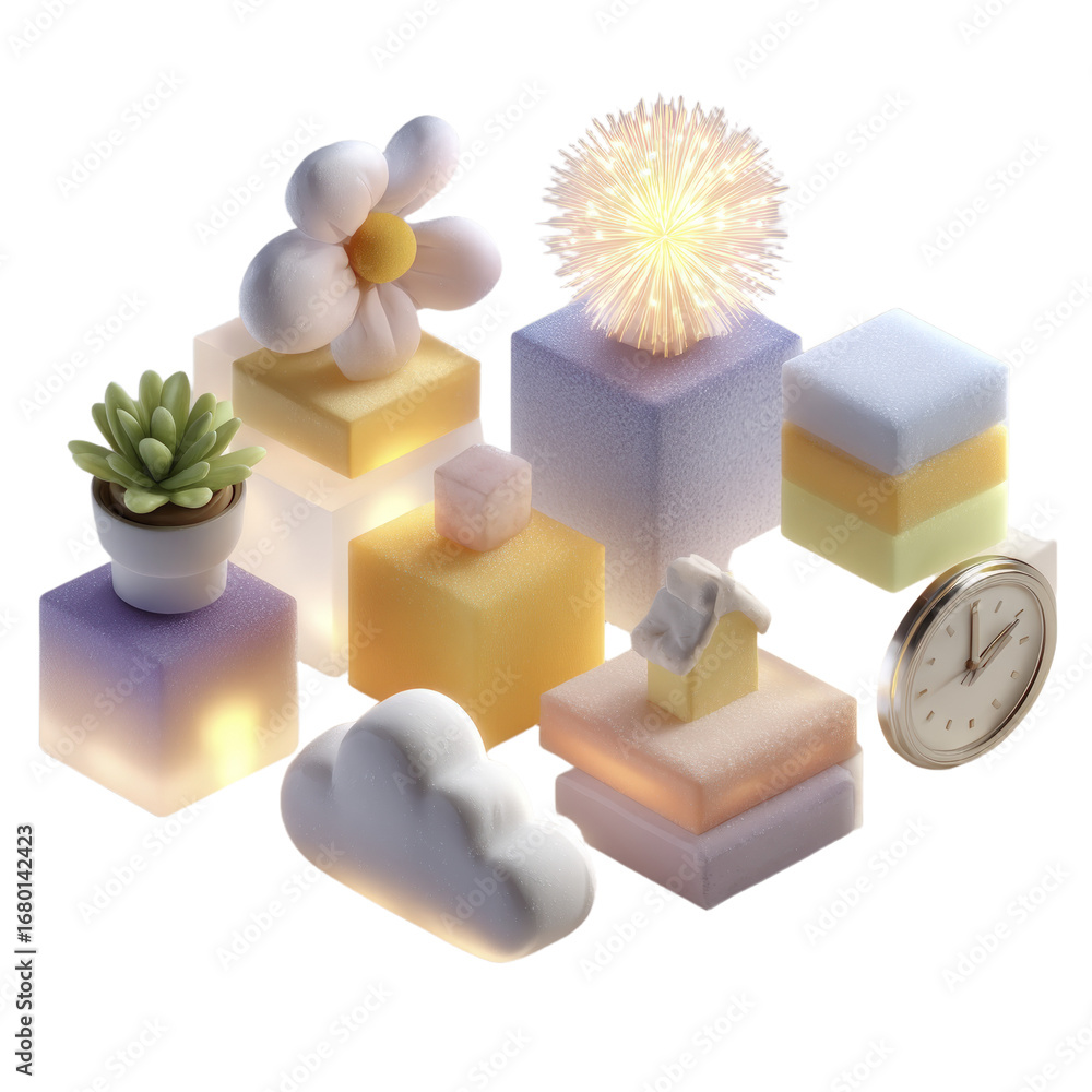 Poster stylized 3d rendering of isometric elements including a flower succulent house cloud and clock