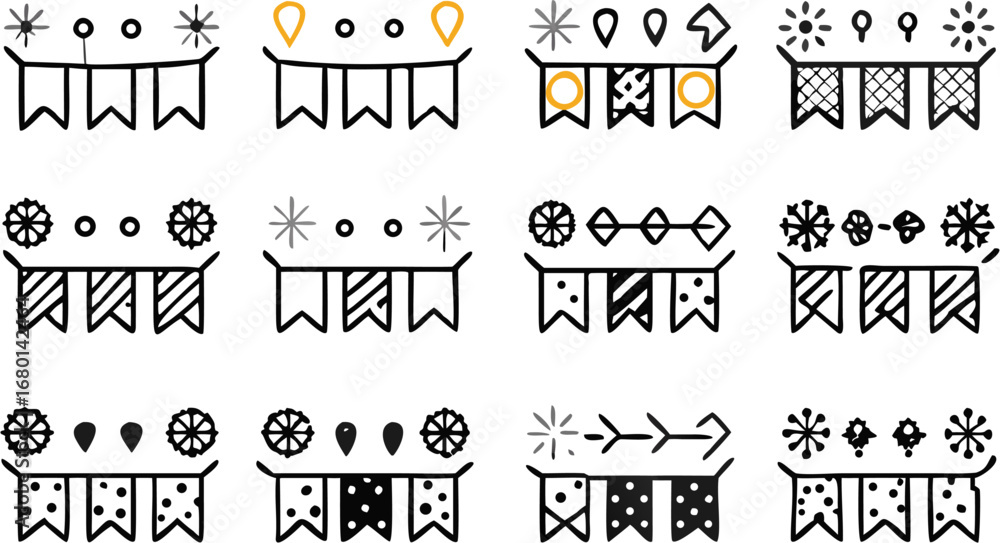 Poster vector collection of twelve hand drawn decorative bunting banners with various patterns and shapes o