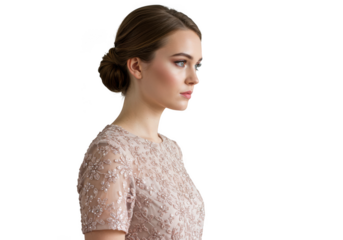 Elegant woman in a beaded dress, isolated on transparent background