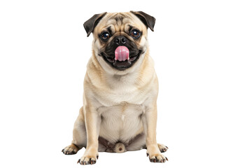 A cute pug dog sitting and sticking its tongue out isolated on transparent background