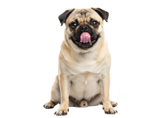 A cute pug dog sitting and sticking its tongue out isolated on transparent background