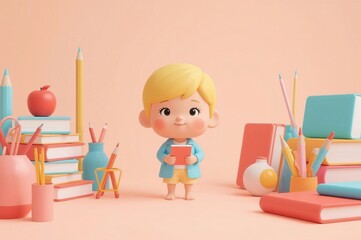 Boy reading book, pastel studio, school supplies