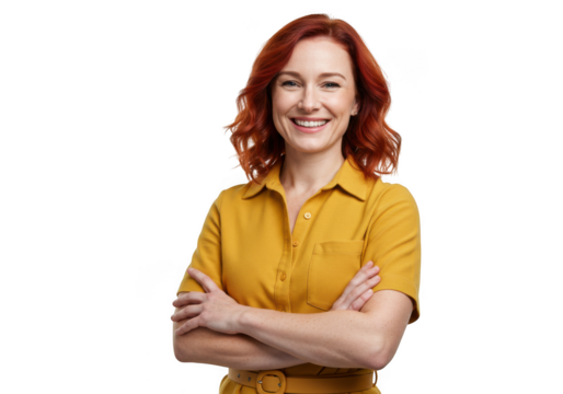 Smiling redhead woman with arms crossed isolated on transparent background
