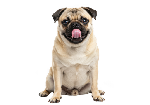 A cute pug dog sitting and sticking its tongue out isolated on transparent background