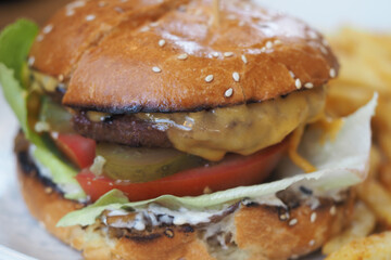 Delicious cheeseburger served with crispy fries