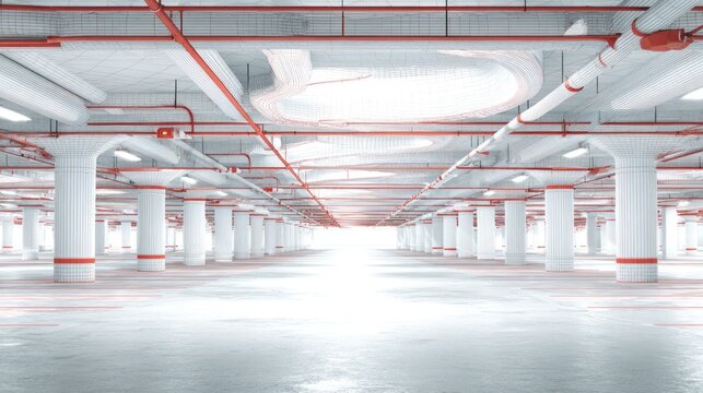 Bright, empty parking garage with red pipes on pillars and ceiling